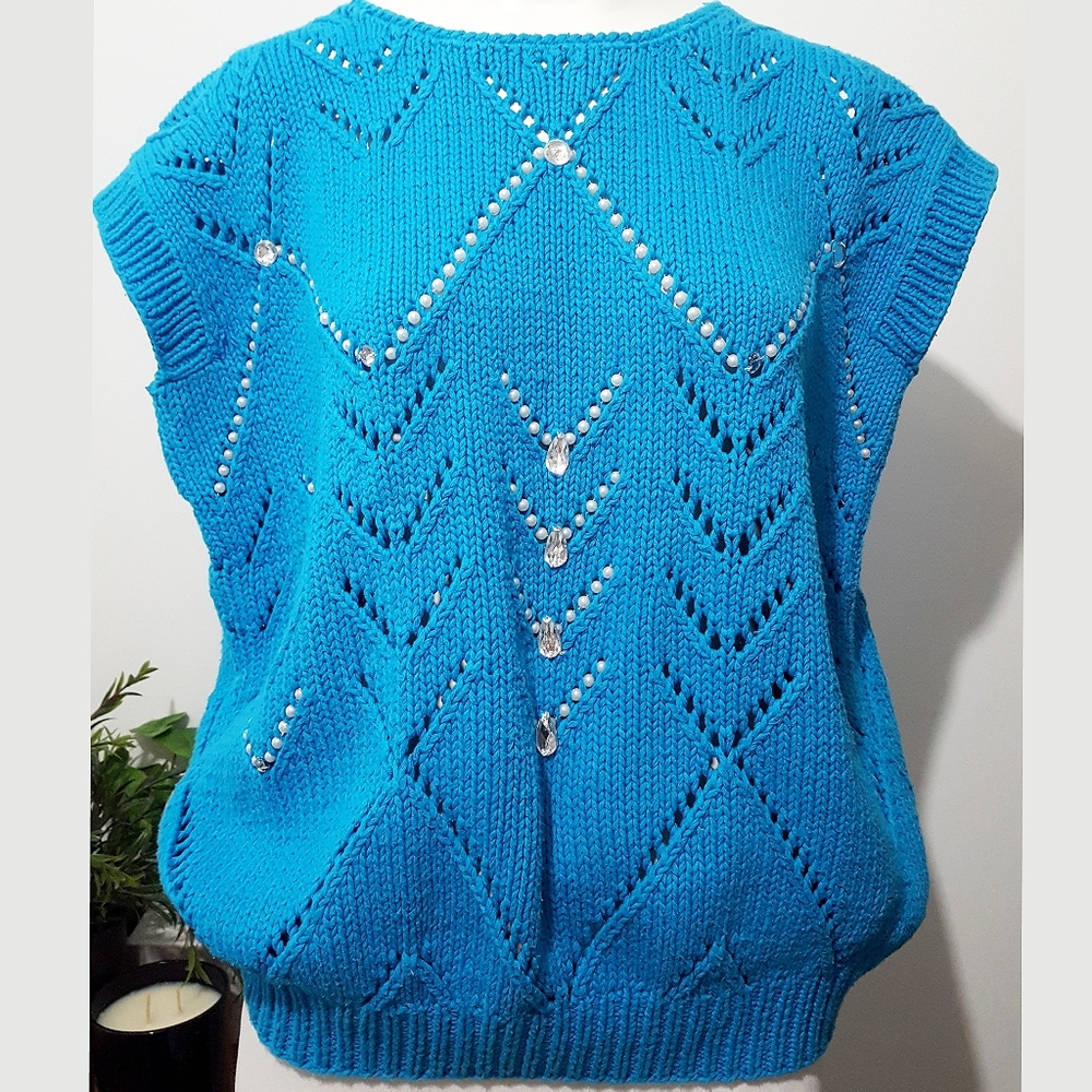 Y2K Magnolia💙Vtg Turquoise Blue Embellished Sleeveless Knitted Top